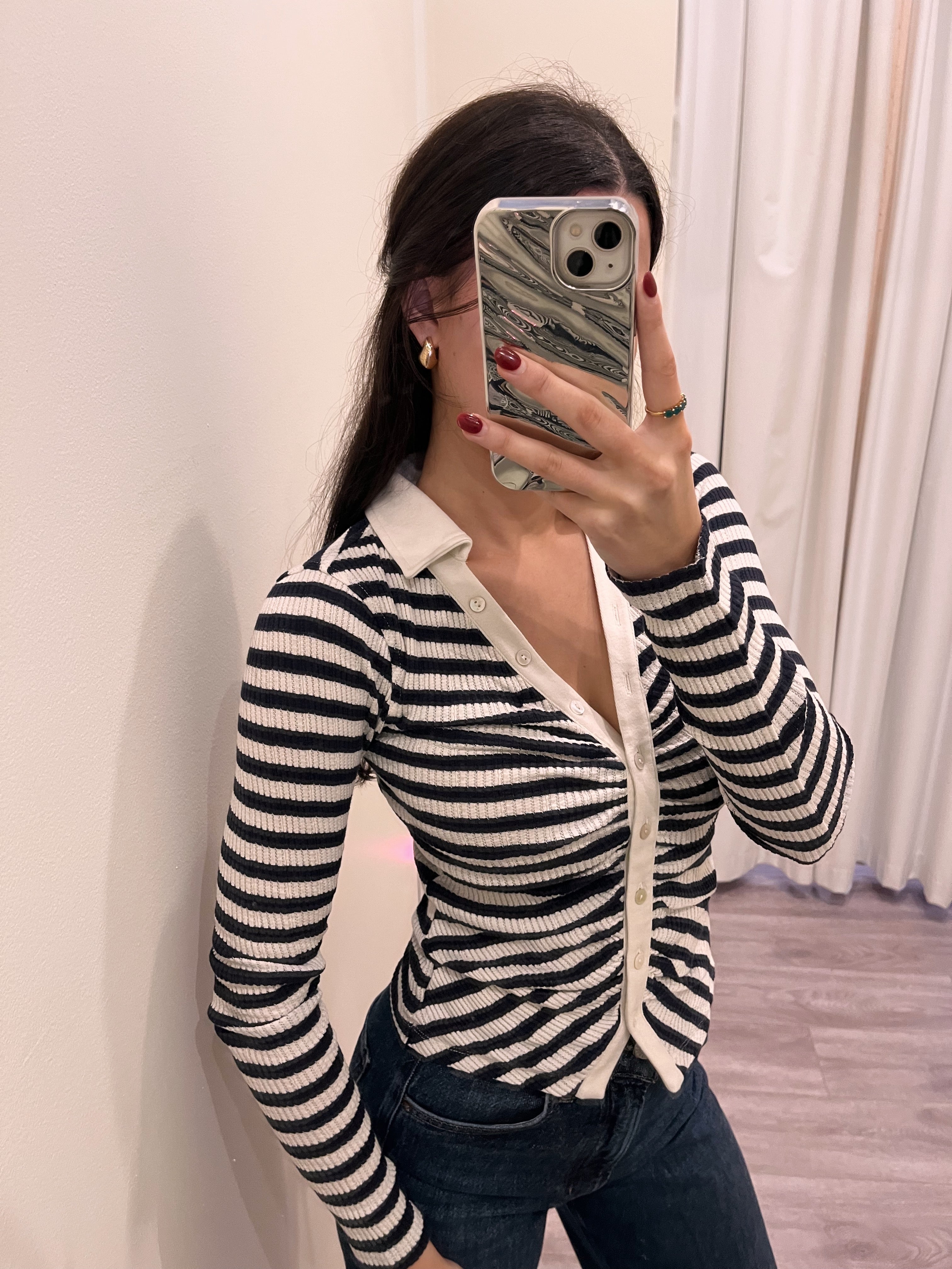 New Navy Stripe Relaxed Button Down Blouse
