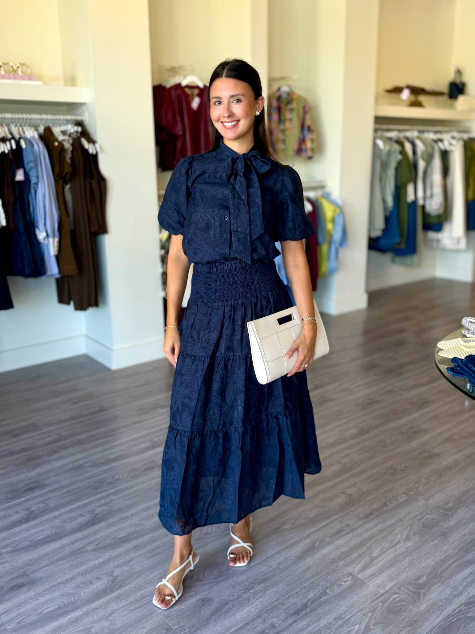 CA4164 Midnight Blue SS Blouse W/ tie Neck – Love Boutique Baton Rouge