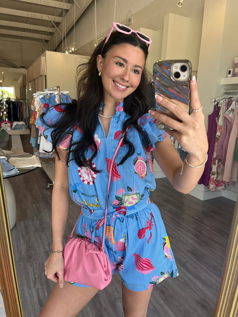 AA2421 Blue Coastal Print Drawstring Shorts