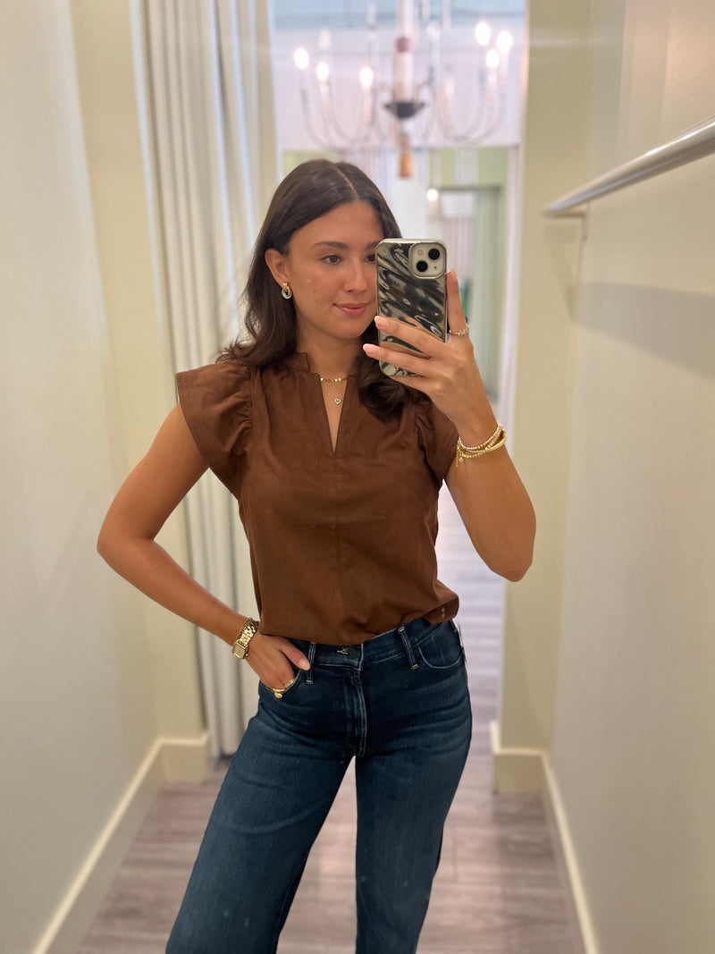 MN6566 Brown Suede Ruffle Top