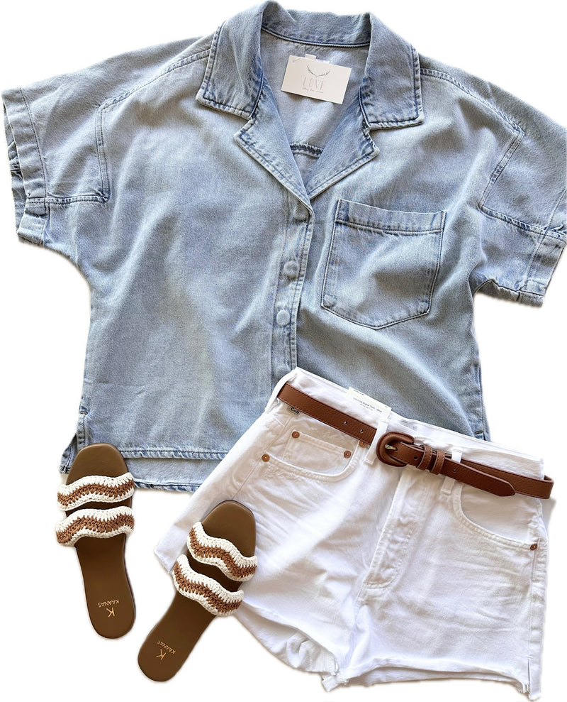 PI5086 boxy denim short sleeve button up top