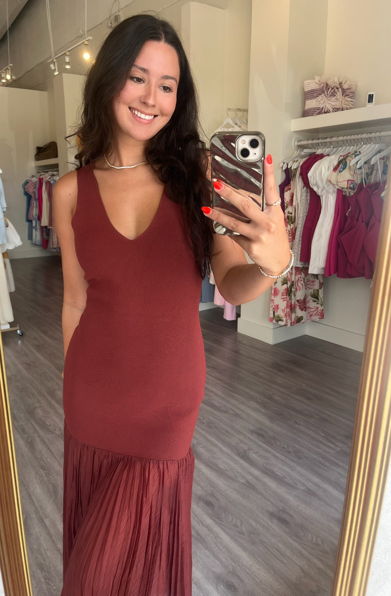 SM8972 Nutmeg Knit Maxi Dress w/ Sheer Bottom
