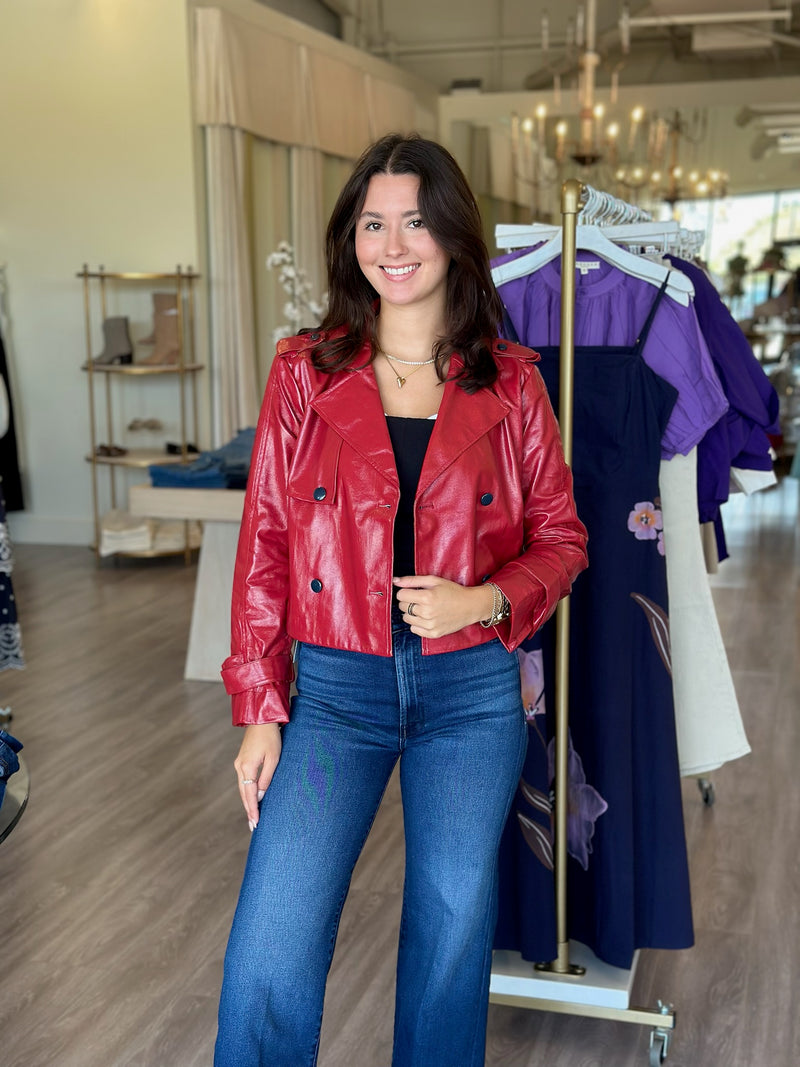 SE3765  Red Leather Button-Up Jacket