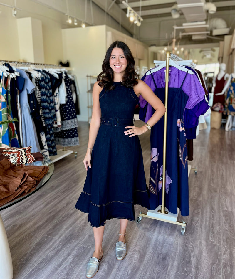 JS71 Dark Wash Denim Belted Sleeveless Dress