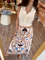 CL0355 Linen White Floral Printed Maxi Skirt