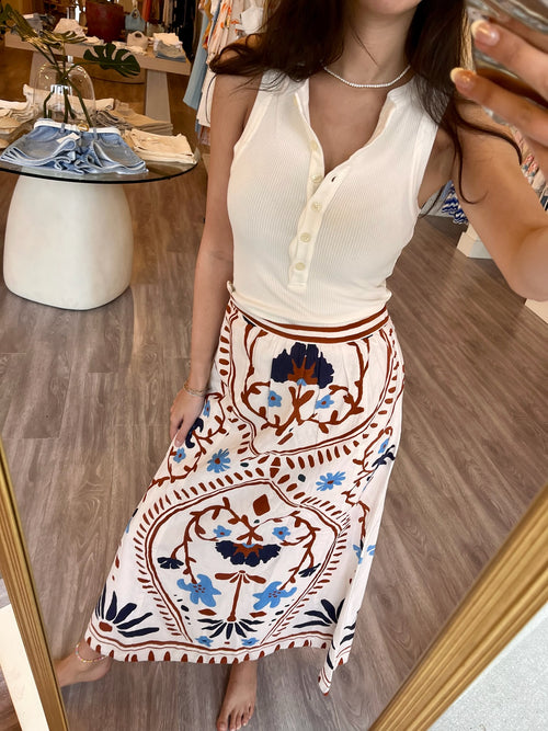 CL0355 Linen White Floral Printed Maxi Skirt