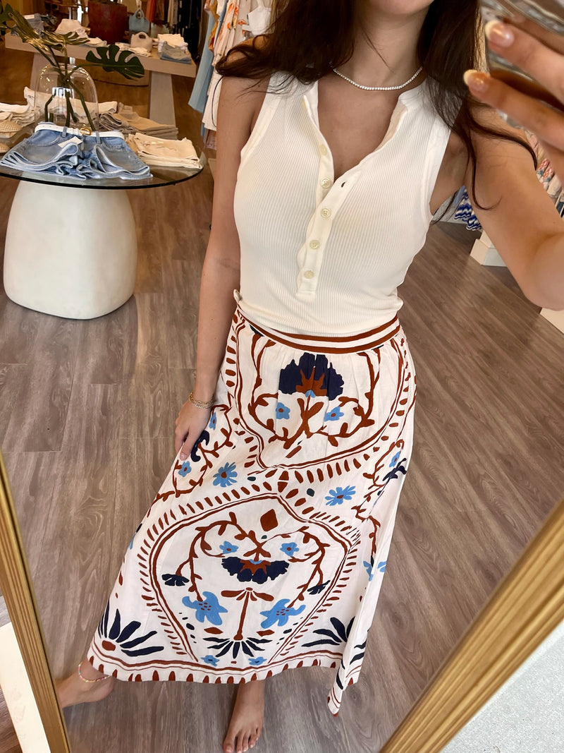 CL0355 Linen White Floral Printed Maxi Skirt
