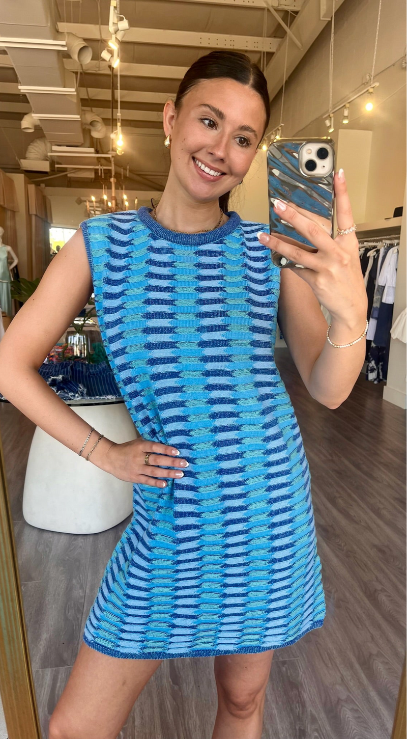 RHS251 Blue Knit Crew Neck Sleeveless Dress