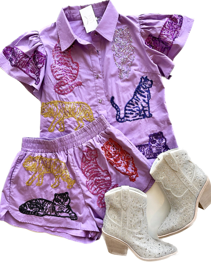QOS lavender rainbow tiger cotton shorts