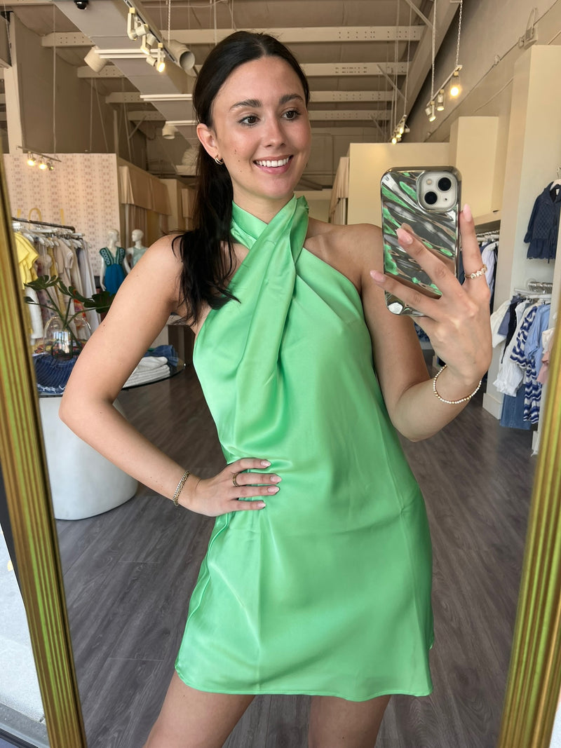 MU5856 Lime Green Tie Neck Backless Silk Mini