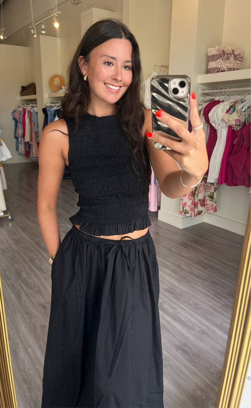 PI2040 Black Drawstring Poplin Maxi Skirt