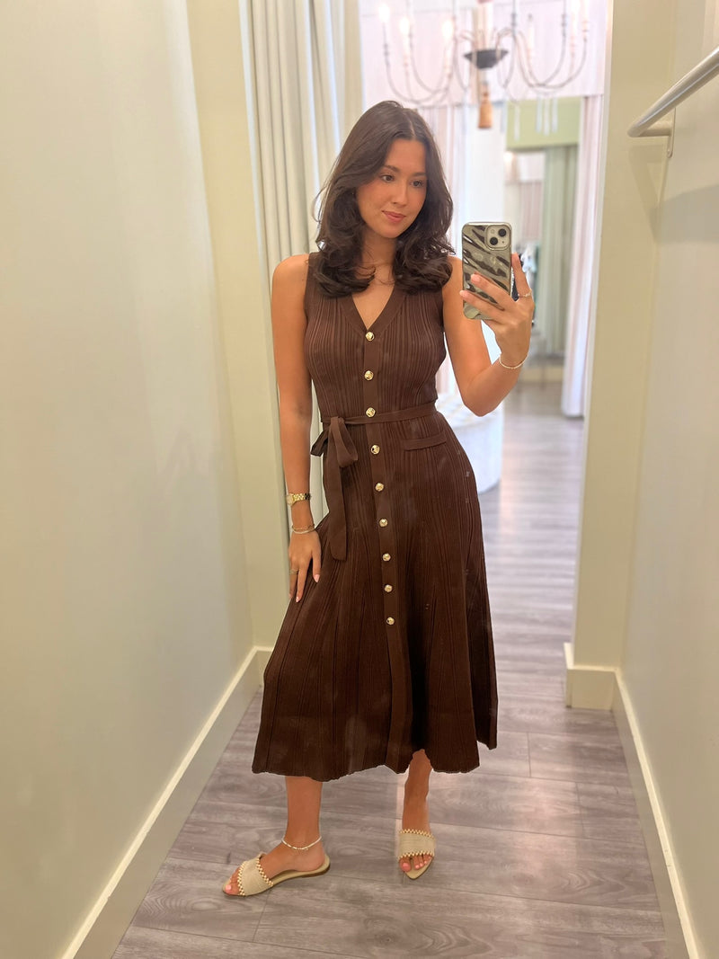 KG1043 Chocolate Brown Knit Maxi Dress w/ Gold Buttons