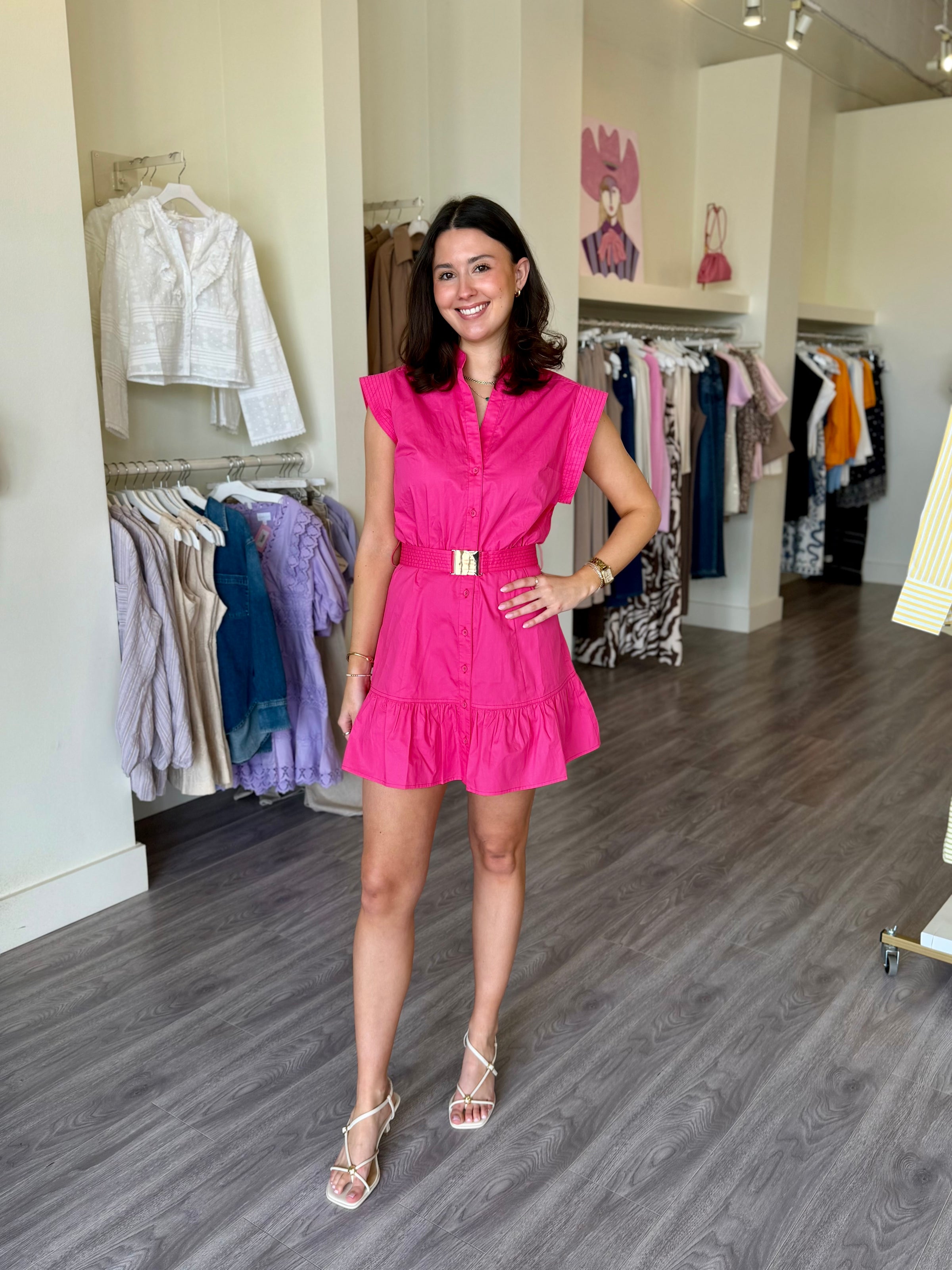 hot pink button dress Button Down Collared Long Sleeve Maxi Dress In Hot Pink
