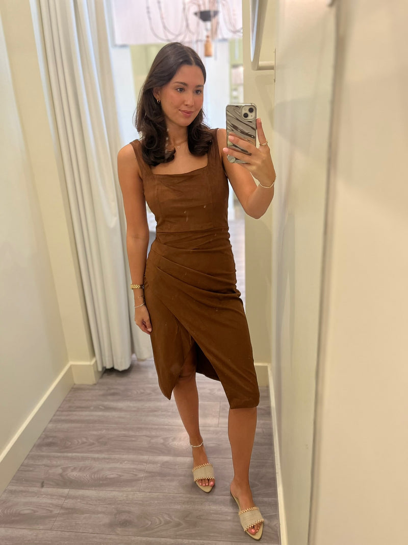 BB8099 Light Brown Suede Midi Dress