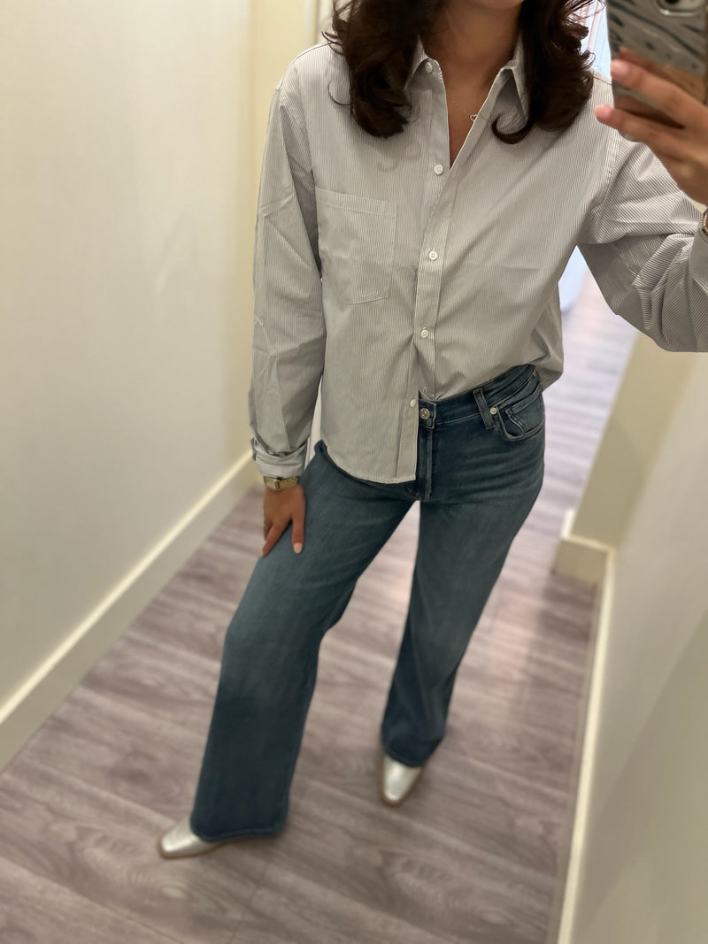 SU9070 Gray/White Striped Button Down Top