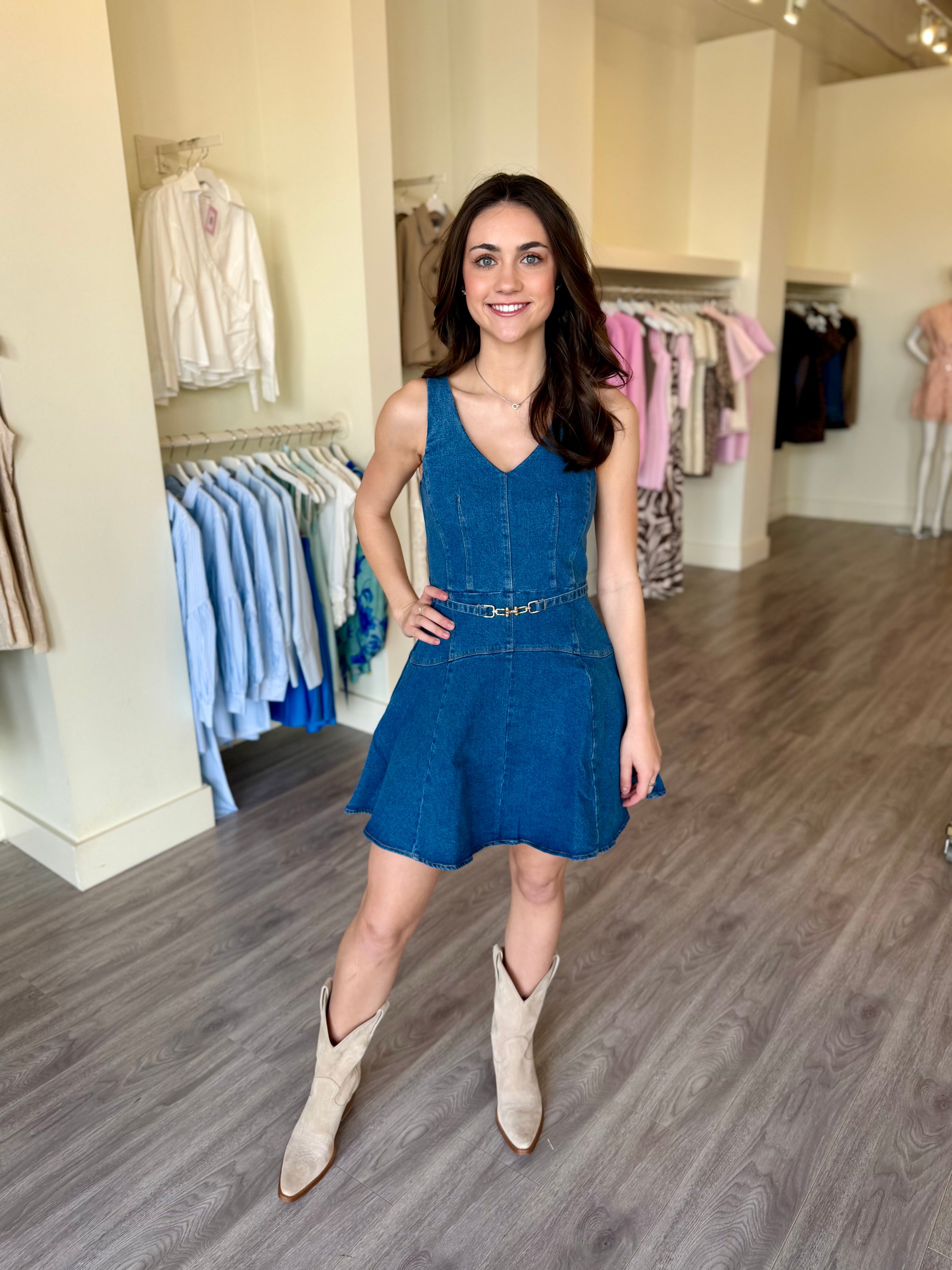 denim belted mini dress Jessica Bara Nelow Gold Button Denim Belted Mini Dress