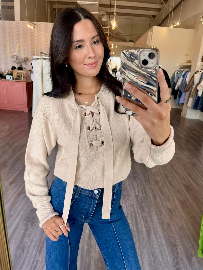 NA9157 Lace Up Sweater Parchment