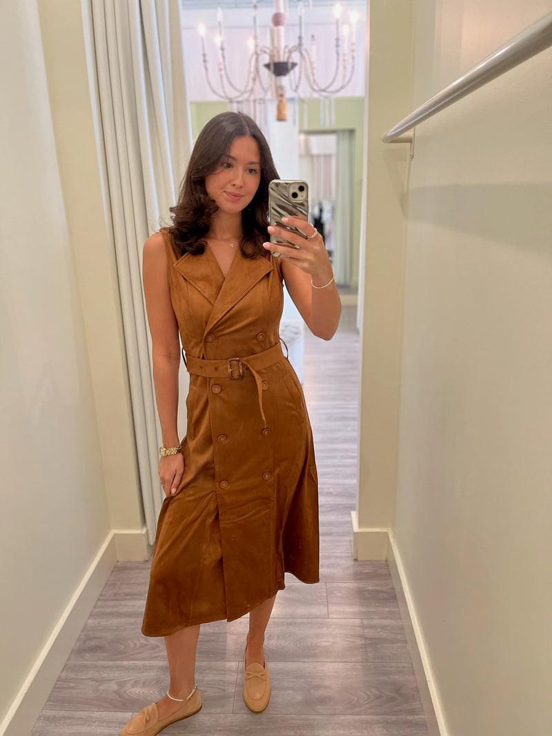 JS71 Brown Suede Belted Maxi Dress