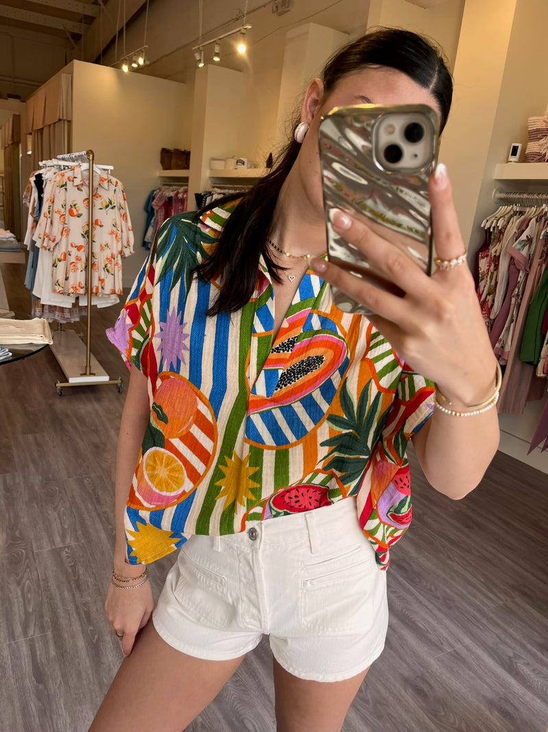 KA4GKL Tropical Printed V-neck Collard Top