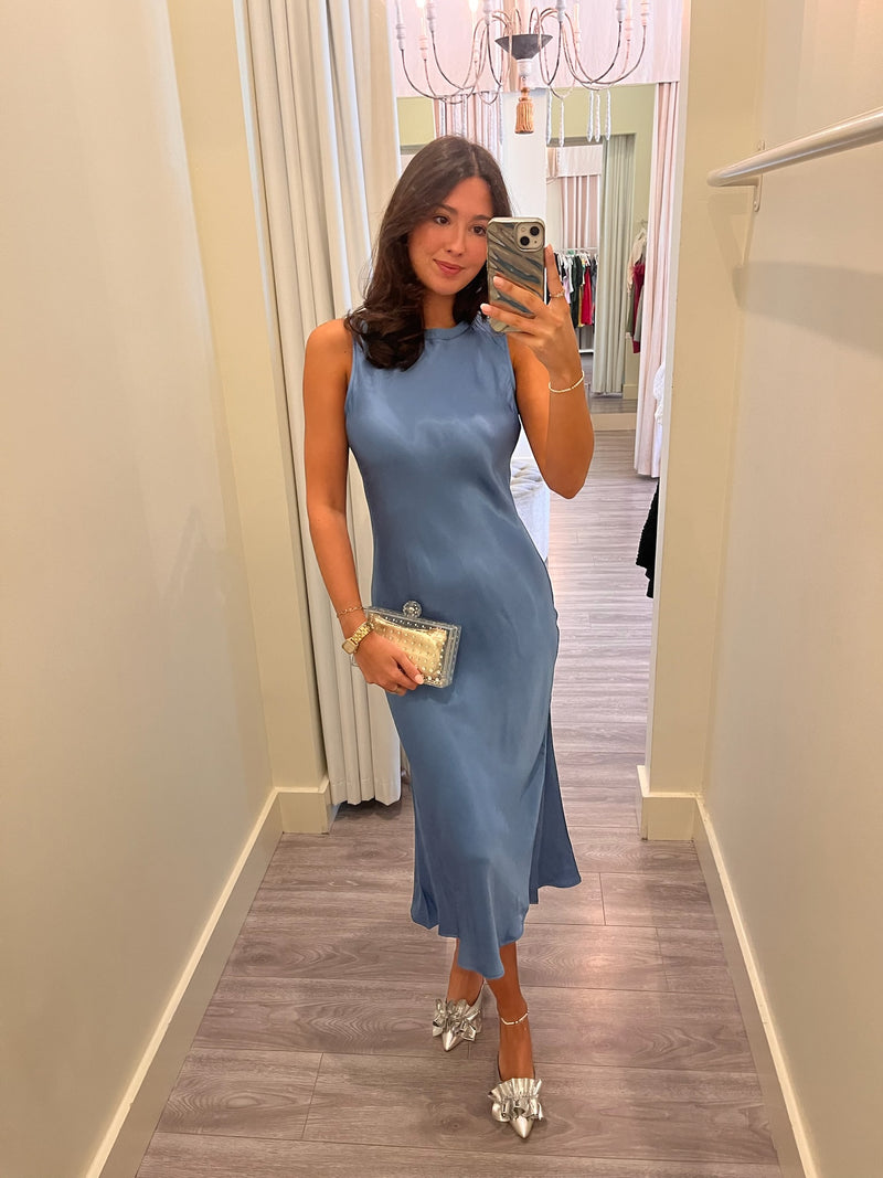 NA5494 Blue Satin Maxi Dress