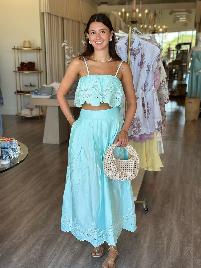 KG163B Blue Emb Flowy Maxi Skirt
