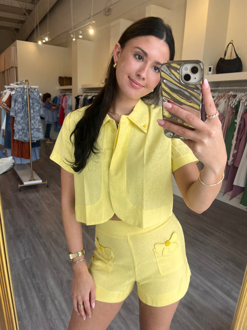 KA3456 Yellow Floral Embroidered Short