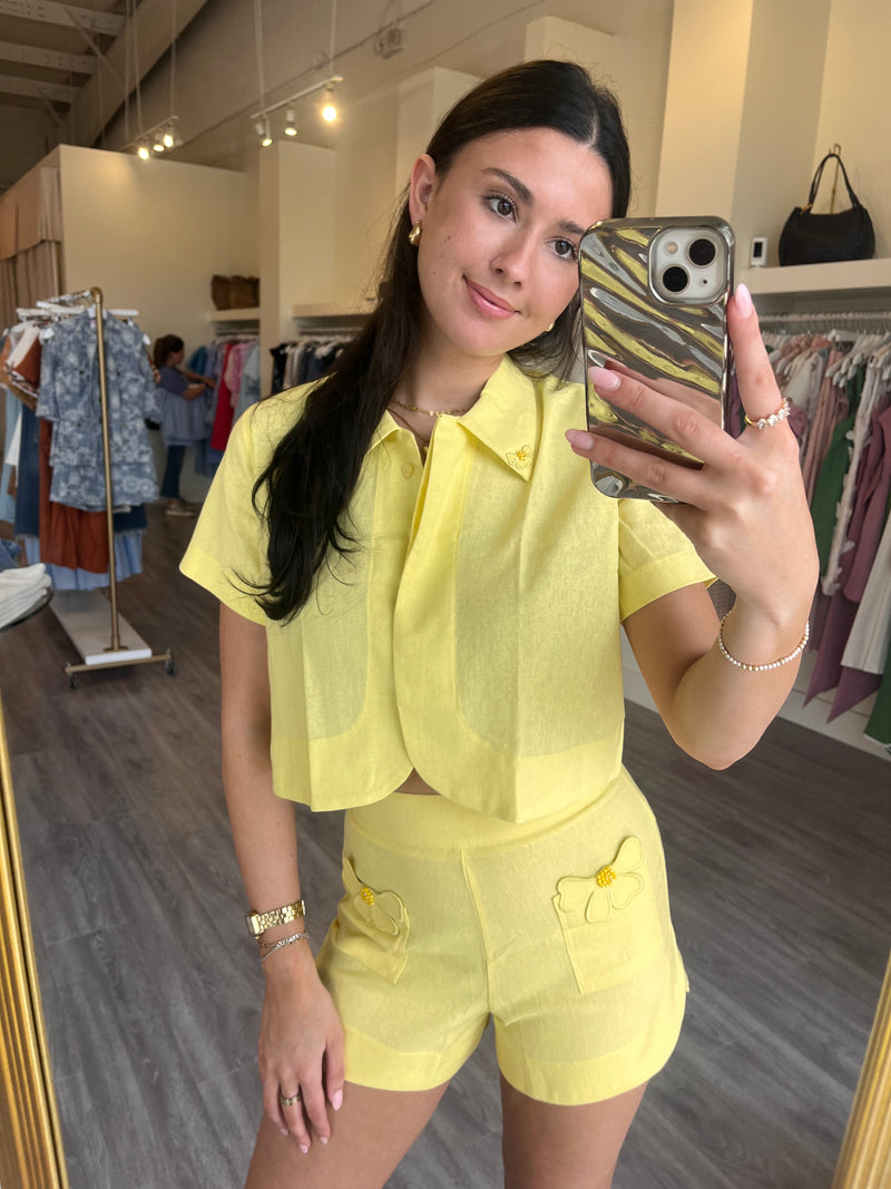KA3456 Yellow Floral Embroidered Short