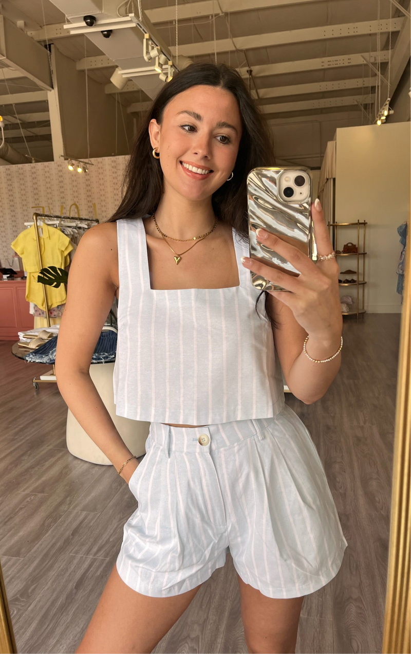 MA7352 Blue/White Striped Crop Top & Shorts Set
