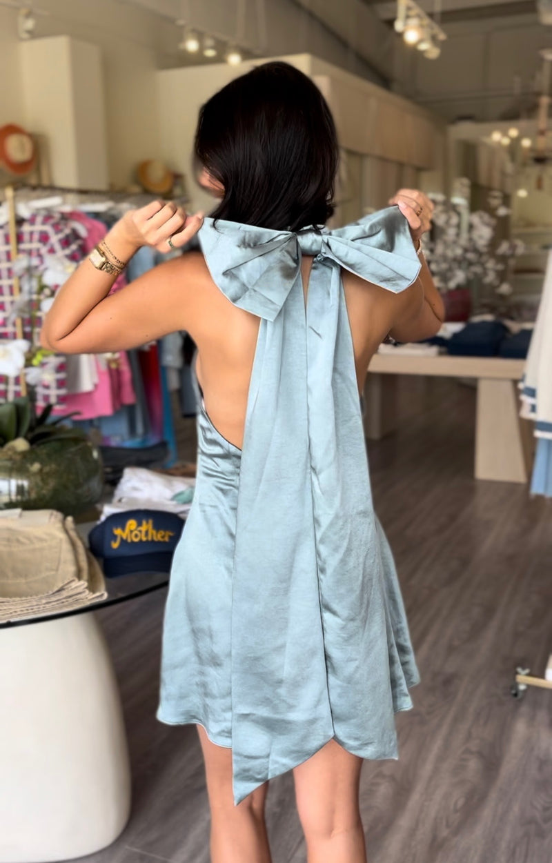 EL2428 aria light blue satin halter open back mini