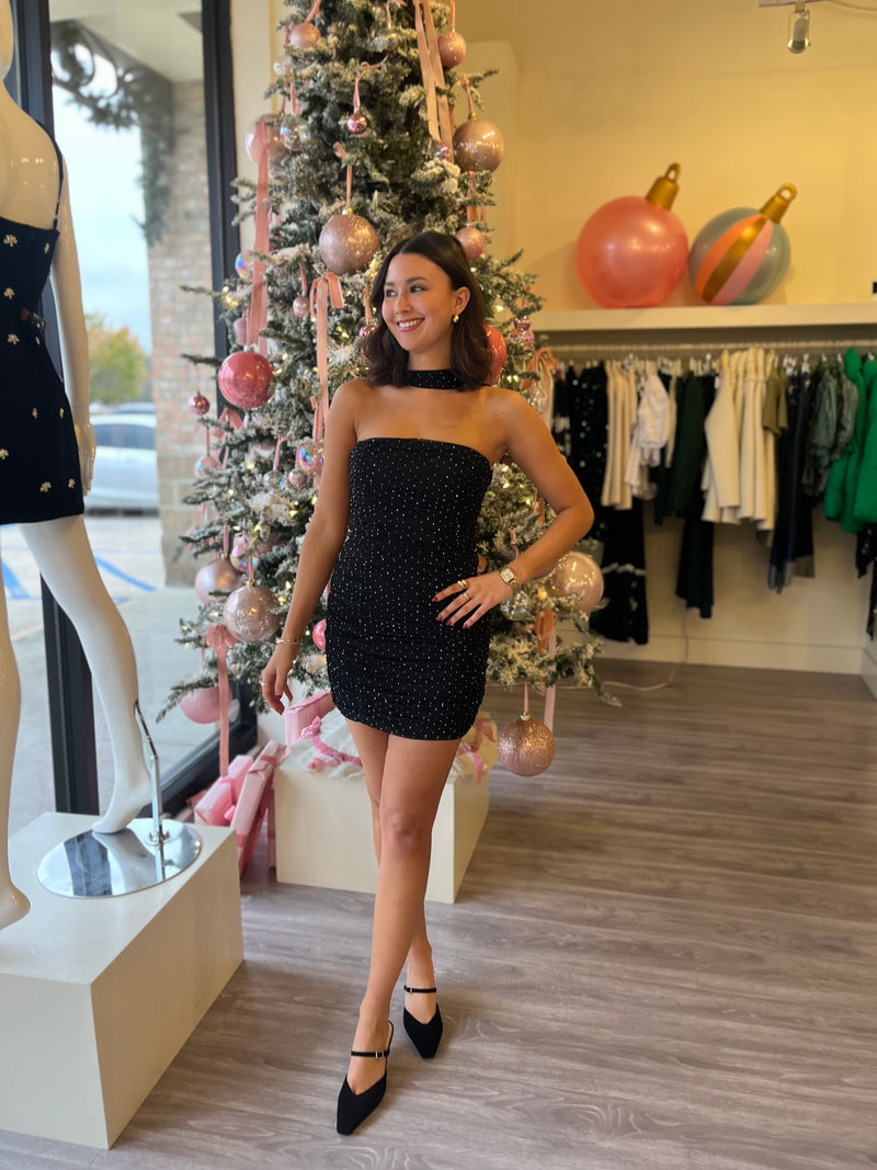 NO2501 Black Rhinestone Mini Dress w/ Neck Wrap Love Boutique Baton Rouge NO2501 Black Rhinestone Mini Dress w/ Neck Wrap Love Boutique Baton Rouge
