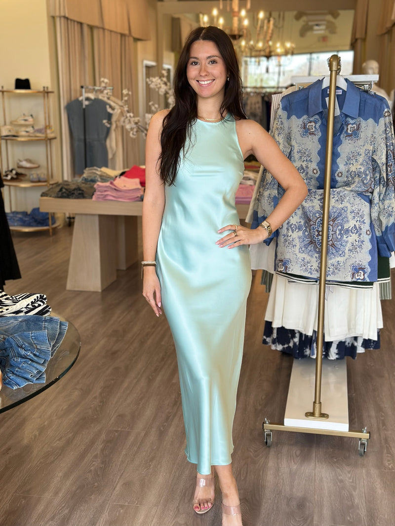 BB8511 Blue High Neck Satin Maxi