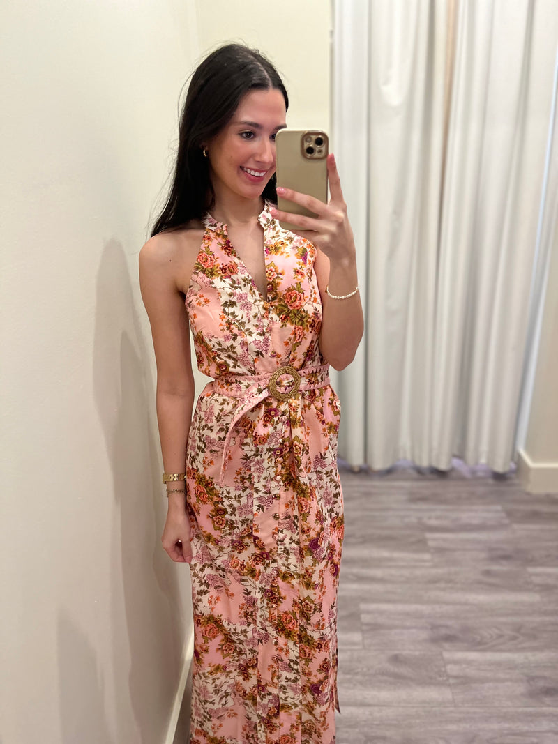 AC1240 Pink floral belted maxi dress