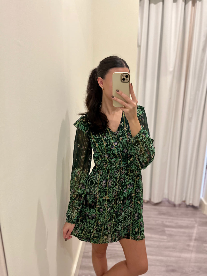 AC green floral gold metallic detail long sleeve mini dress