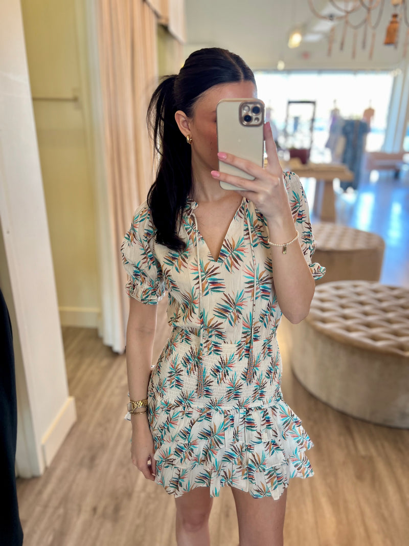 AL9P47 Multi Color Tropical Leaf Mini Dress