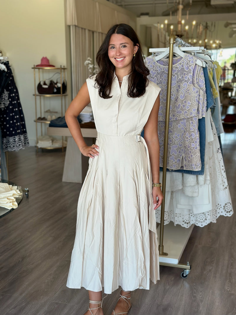 EN9020 Cream Belted Midi Dress