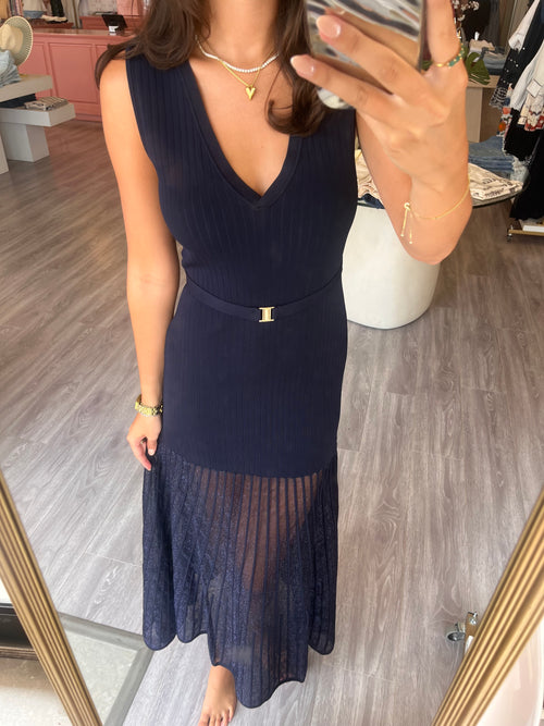 KG1033 Navy Knit Maxi w/ Sheer Bottom