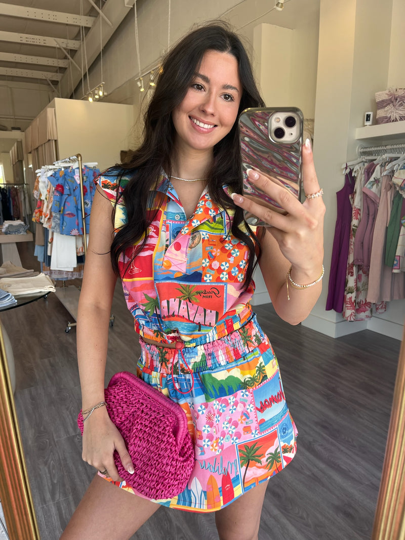 AA2219 Multicolor Postcard Top w Tie Waist