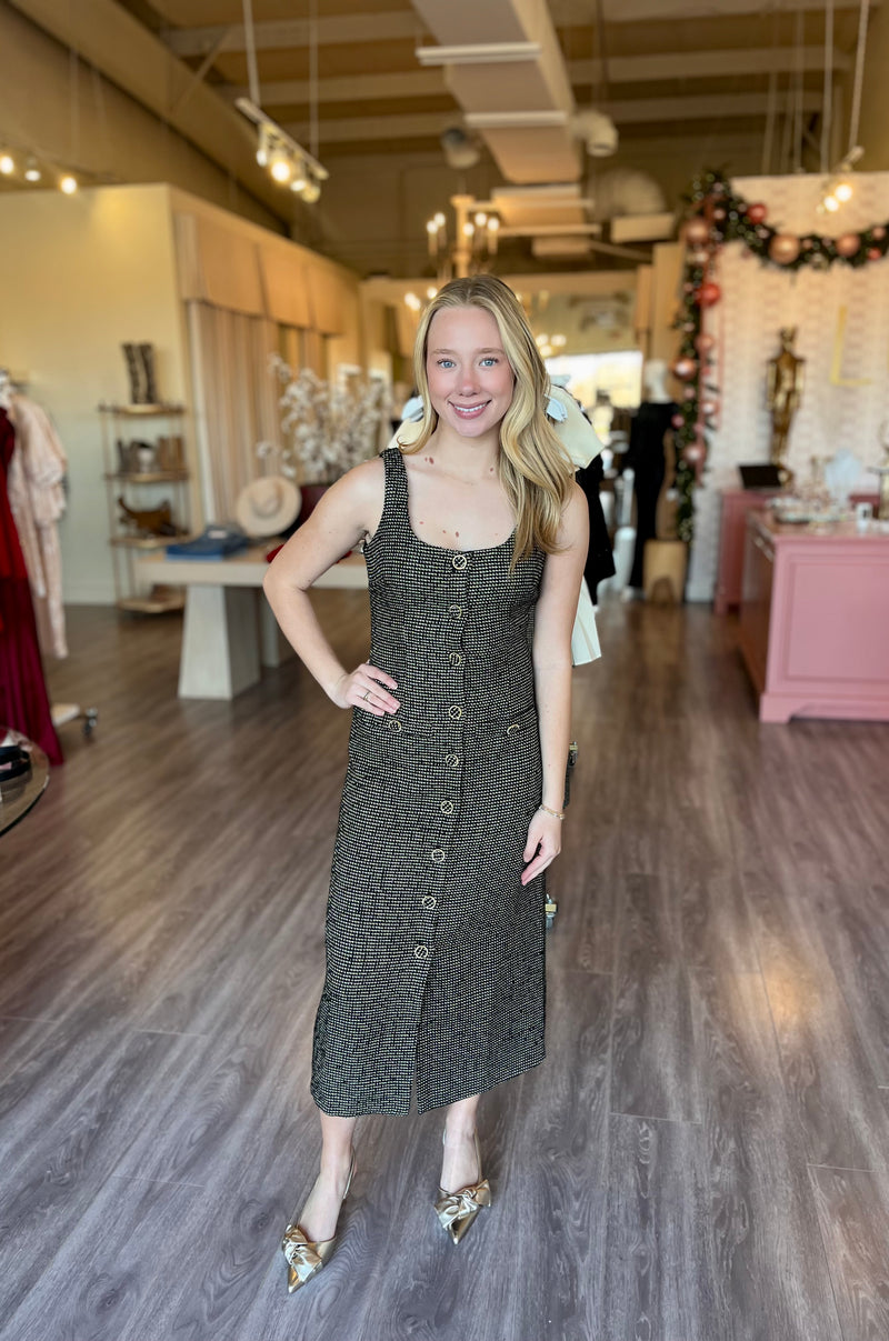 LA8022 Black/Gold Tweed Button Detail Maxi Dress – Love Boutique Baton Rouge LA8022 Black/Gold Tweed Button Detail Maxi Dress – Love Boutique Baton Rouge