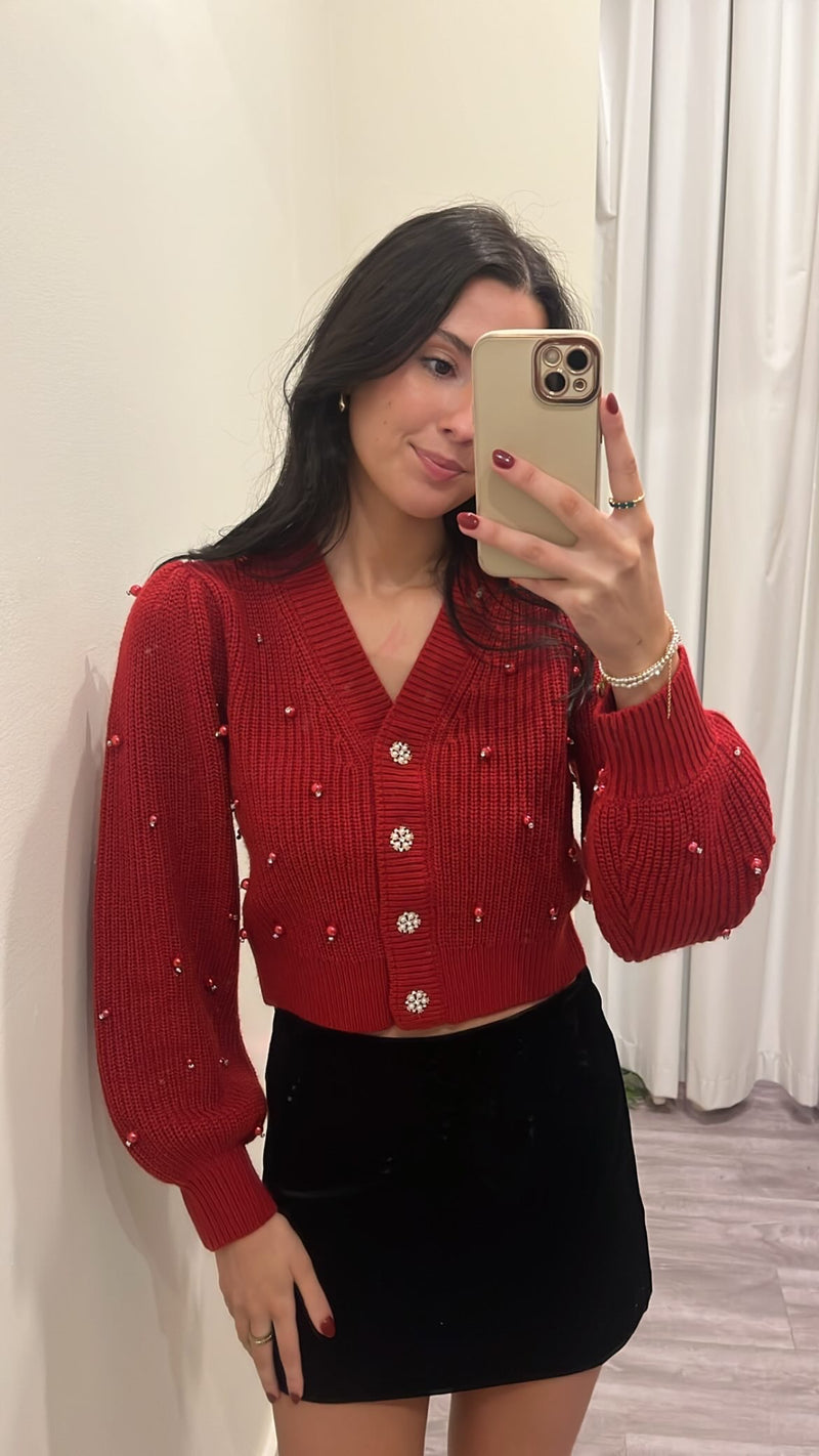 AS8484 Red Bejeweled Cardigan