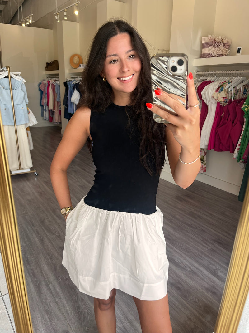 PI0126 Black/White Mixed Media Mini Dress