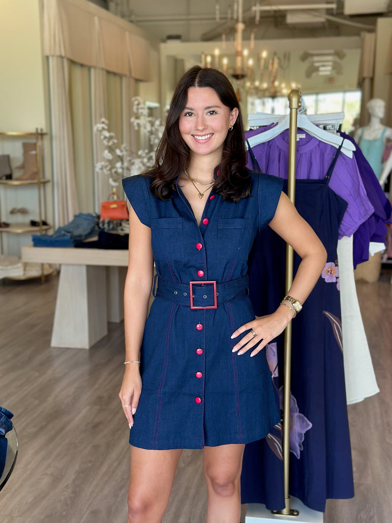SE3565 Navy Sleeveless Mini w/ Red Buttons