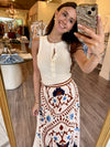 CL0355 Linen White Floral Printed Maxi Skirt