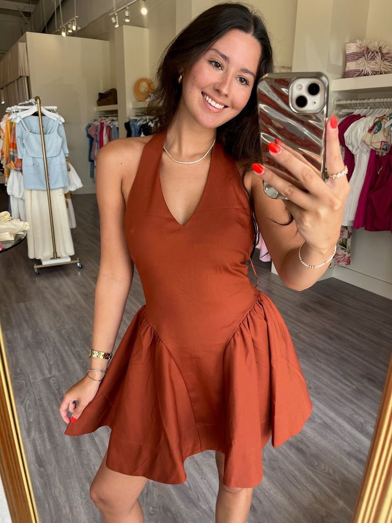 AS2845 Brown Halter Mini Dress