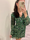 AC green floral gold metallic detail long sleeve mini dress