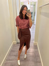 KG4017 Vegan Leather Midi Skirt w/ Bow Detail
