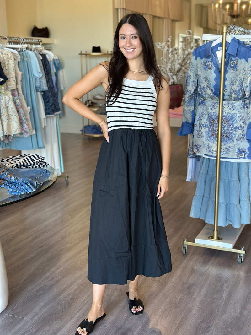 MR9220 Black Square Neck Sweater Top w/ Woven Skirt Midi