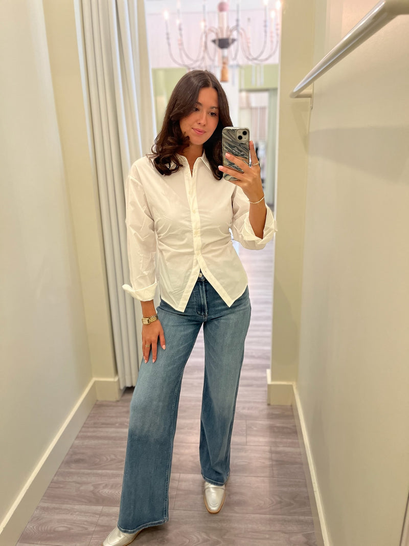 SU9125 White Button-Down Top w Rouching Detail