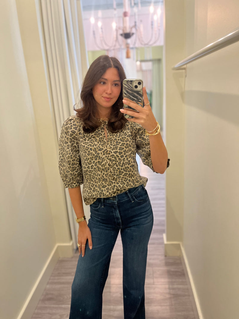 MN6567 Leopard Print Denim Puff Sleeve Top