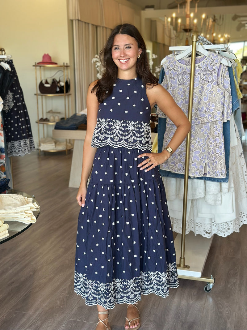 EN4670 Navy Eyelet Midi Skirt