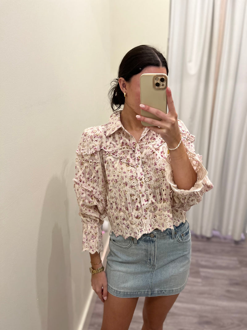 EL2423 Floral long sleeve button up top